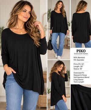 PIKO Bamboo Black Oversized Tunic Top Flowy Relaxed Long Sleeve Boho Minimalist